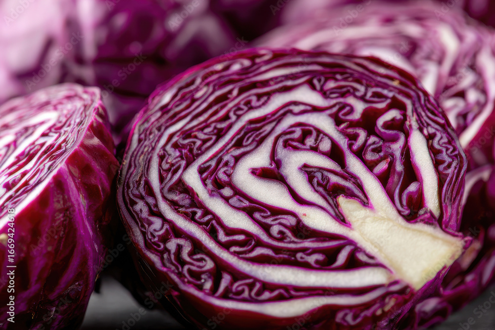 Fototapeta premium Macro of sliced red cabbage with pattern