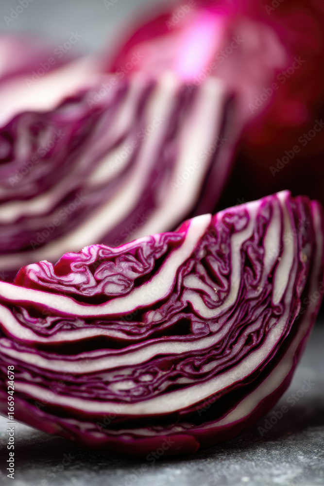 Obraz premium Macro of sliced red cabbage with pattern