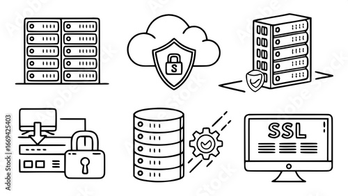 "Minimal line vector icon set for web hosting and server technology, including server racks, cloud computing, database, FTP, firewall, and SSL certificate icons, editable stroke, modern outline style.