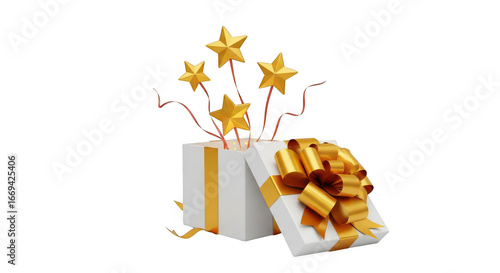 Golden stars bursting from an open gift box revealing surprise and celebration transparent background