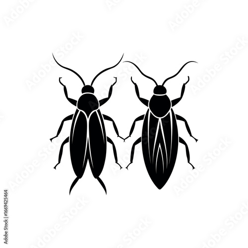 Two stylised cockroaches in black silhouette on a white background holding legs