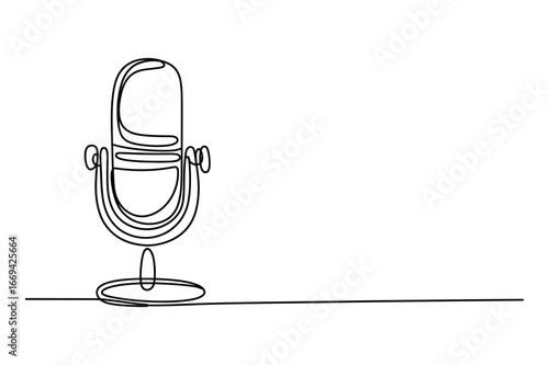 Minimalist single line drawing of a vintage retro microphone on a white background symbolizing audio recording and broadcasting
