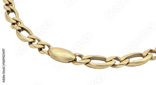 Luxurious close-up of a glistening gold figaro chain necklace with detailed links and clasp on a dark backdrop transparent background