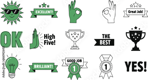 Illustrations of award stickers with messages Excellent, Great Job, Brilliant, Good Job, OK, YES