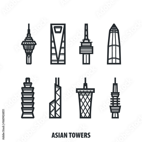 Asian famous skyscrapers, towers, city landmarks image bundle. Thin line vector contour, logos, icons, badges. Flat image set with buildings from China, Japan, South Korea