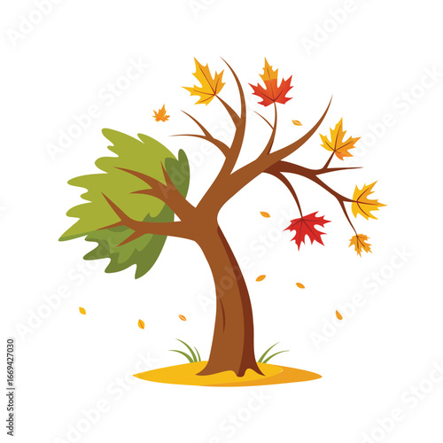 Autumn tree losing leaves in the wind
