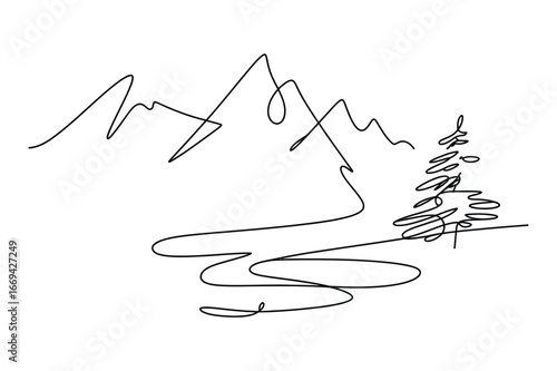 Minimalist continuous line drawing of a winding mountain road leading towards a majestic snow capped peak with a solitary evergreen tree