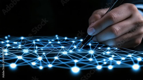 A hand holding a pen over a network graphic
