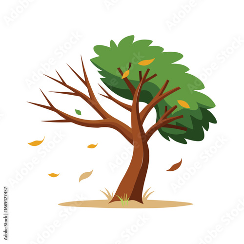 Autumn tree swaying in the wind with falling leaves