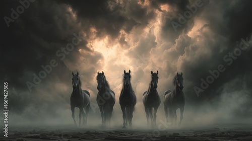 Business growth and empowerment concept with five powerful black horses running through mist under a dramatic sky.