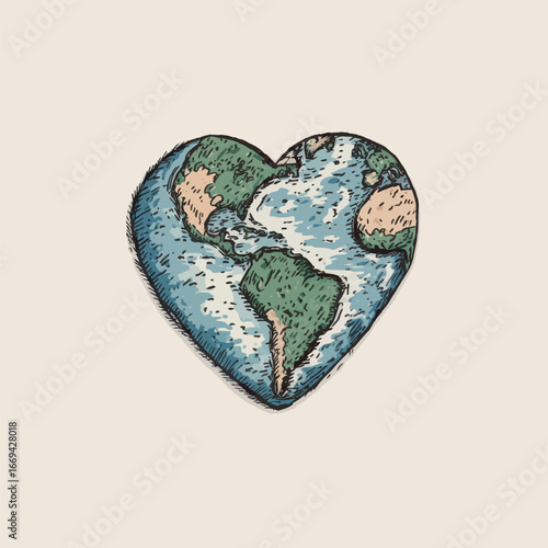 A heart-shaped globe highlights the continents in vibrant colors, symbolizing love and care for our planet. This illustration evokes feelings of unity and environmental awareness.