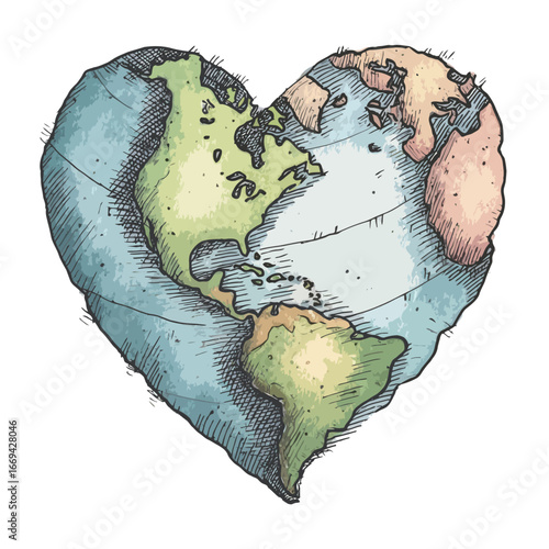 A heart-shaped globe highlights the continents in vibrant colors, symbolizing love and care for our planet. This illustration evokes feelings of unity and environmental awareness.