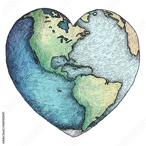 A heart-shaped globe highlights the continents in vibrant colors, symbolizing love and care for our planet. This illustration evokes feelings of unity and environmental awareness.
