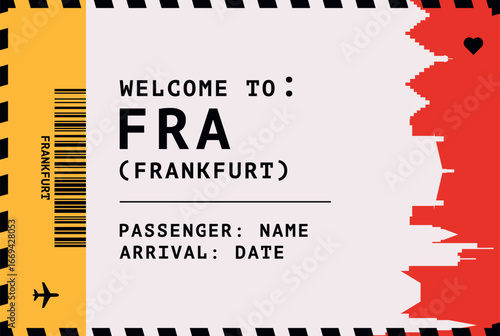 Welcome to Frankfurt, Germany card template. Vector boarding pass style postcard illustration with airport code, city skyline, flight info. Luggage tag image layout