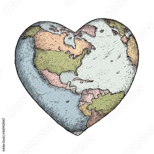 A heart-shaped globe highlights the continents in vibrant colors, symbolizing love and care for our planet. This illustration evokes feelings of unity and environmental awareness.