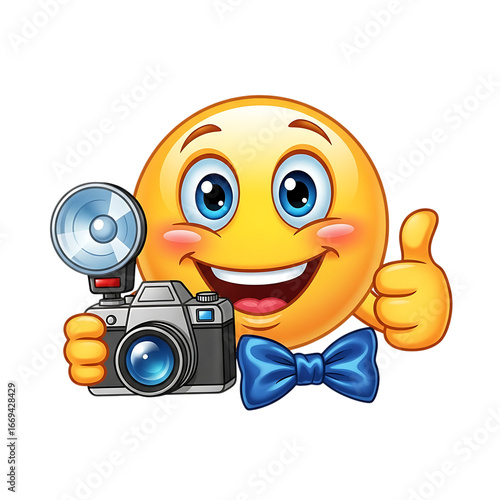 Happy emoji photographer with camera and thumbs up ready to capture moments