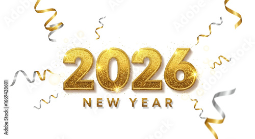 Celebrate 2026 New Year with sparkling gold glitter numbers and festive ribbons, perfect for holiday greetings and event announcements, a stunning visual