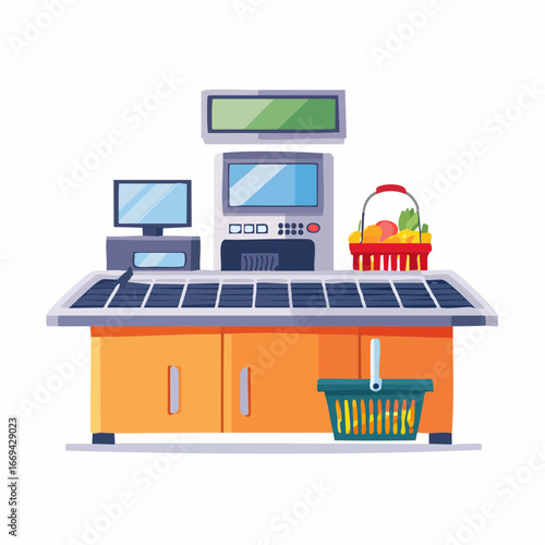 Flat vector supermarket icons. Includes shopping cart, self-checkout machine, supermarket building, barcode scanner, fresh produce section, cashier counter, discount tag, eco bag, frozen food