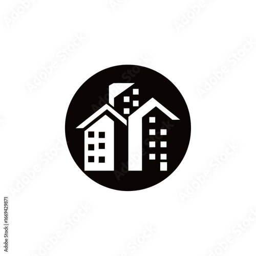 Crafted with minimalist aesthetics, this artwork showcases a black circle containing a stylized representation of buildings. Various heights and designs highlight urban architecture and creativity.