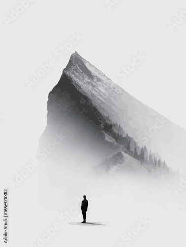 A solitary figure stands at the base of a towering mountain, enveloped in a veil of mist. The dramatic landscape contrasts the individual's silhouette, creating a serene yet powerful moment.