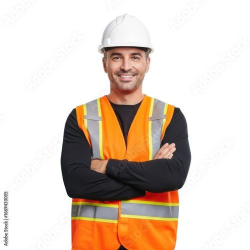 Smiling construction worker wearing a white hard hat and bright orange safety vest with reflective stripes arms crossed isolated on transparent background