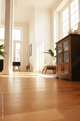 A serene and revitalized home interior with clutter and old items cleared away, bathed in warm and soothing natural light that pours in through large windows, symbolizing positive energy, renewal