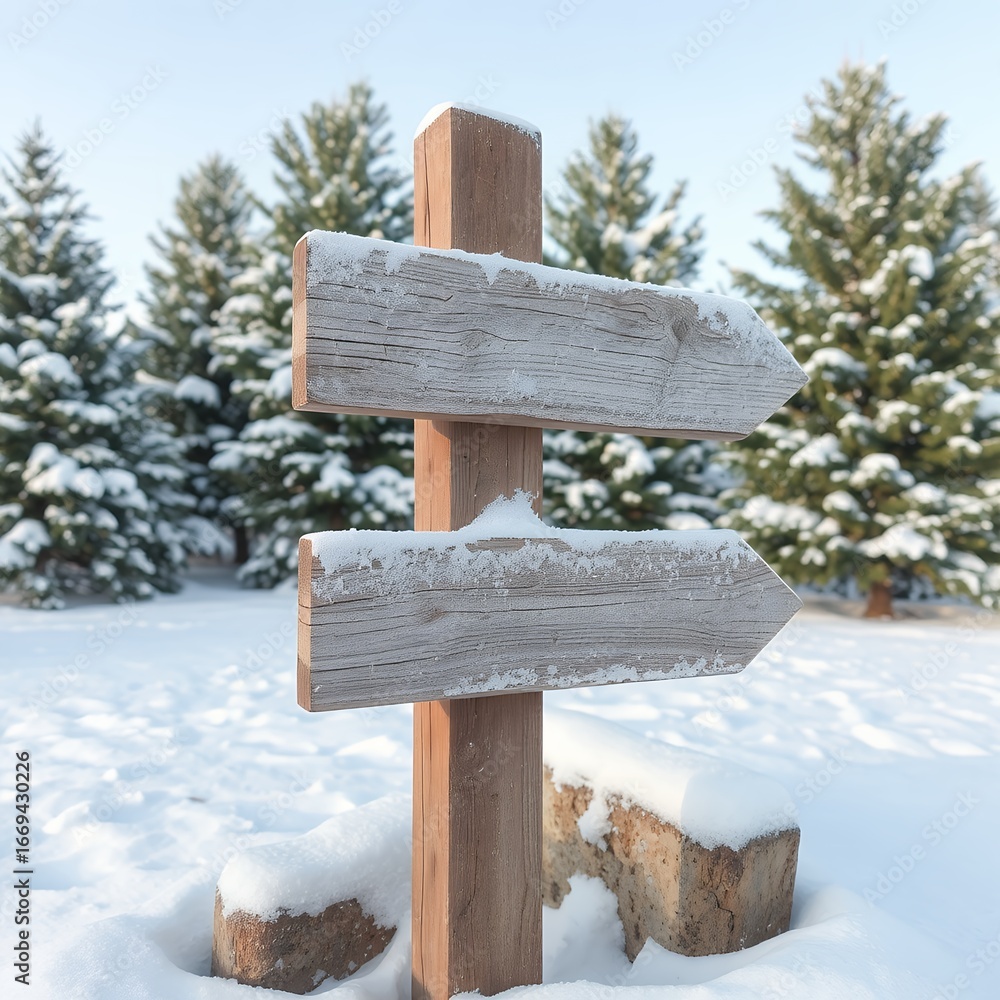 Naklejka premium Snowy wooden signpost points direction in winter forest scene