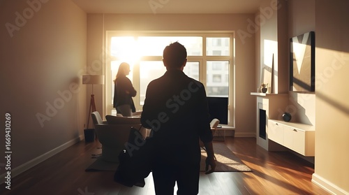 A serene and revitalized home interior with clutter and old items cleared away, bathed in warm and soothing natural light that pours in through large windows, symbolizing positive energy, renewal