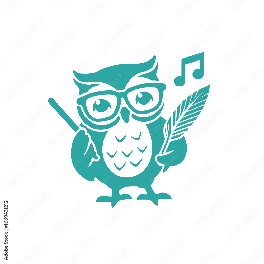 Fototapeta premium A whimsical owl stands upright holding a feather quill, showcasing oversized glasses. Musical notes float around, enhancing its creative vibe. The teal color brings a lively touch.