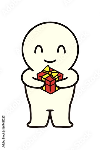 A simple full-length portrait of a smiling person holding a gift.
