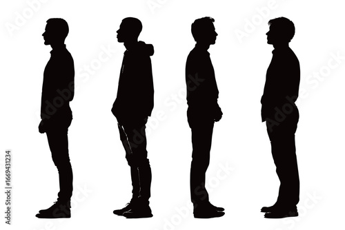 Four men are positioned in a row, each in a unique silhouette. Their body language and stances reflect a range of emotions and attitudes.