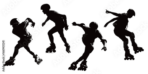 Four roller skaters perform dynamic tricks in silhouette against a white background. Each skater demonstrates unique movements that highlight agility and skill in this energetic sport.