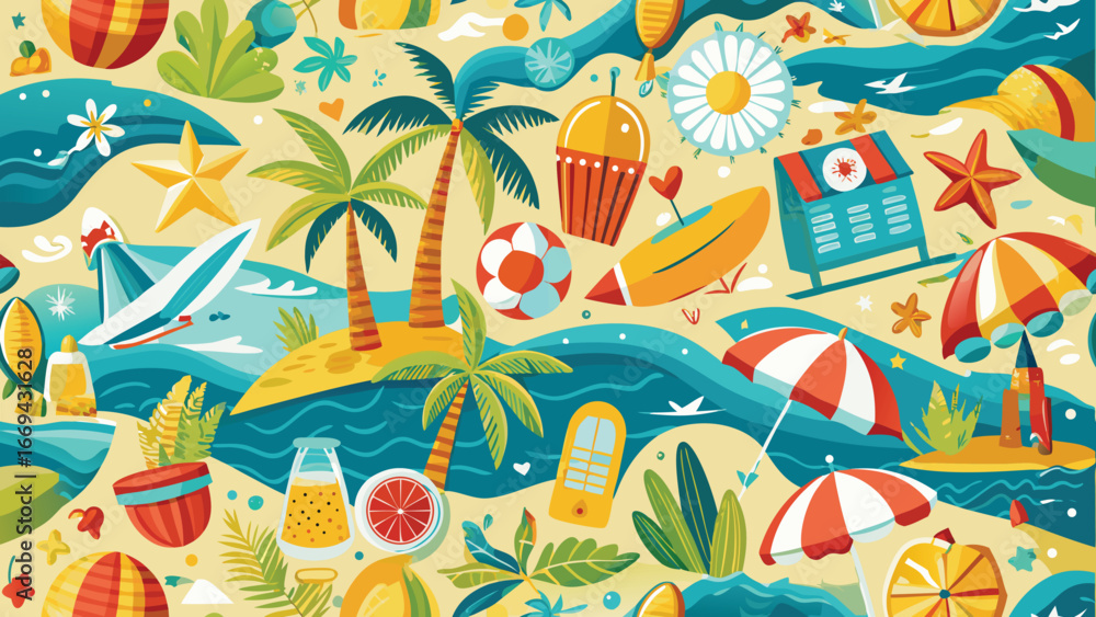 Fototapeta premium Vibrant beach scene with palm trees surfboards and beach umbrellas summer vacation