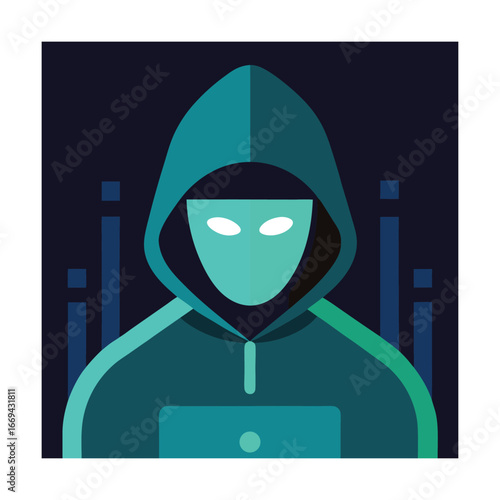 Hacker in hooded jacket with glowing eyes cybercrime