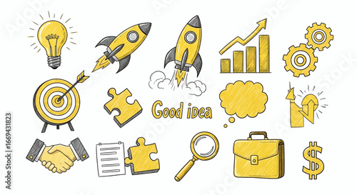 Good ideas and business growth concepts represented with a lightbulb, rocket, target, puzzle, and more for innovation, success, and team collaboration