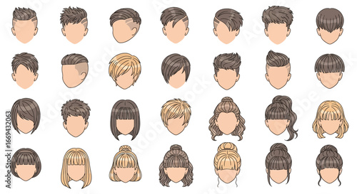 Diverse hairstyles collection, perfect for fashion design, character creation, and beauty concepts, providing a range of modern haircuts and elegant updos.