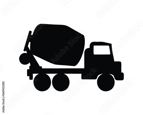 Black and White Illustration of Concrete Mixer Truck Transporting Construction Materials