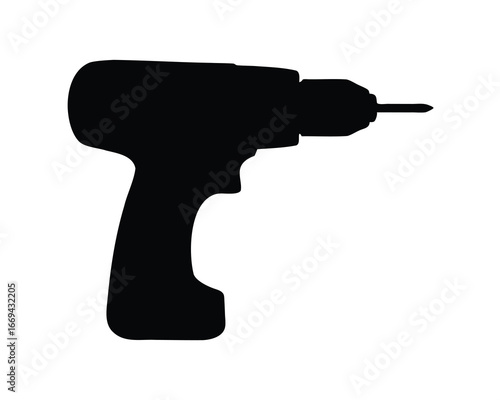 Silhouette of a cordless drill with a drill bit in black and white