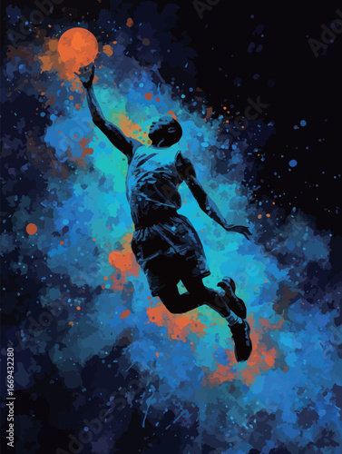 A basketball player performs an impressive slam dunk, leaping high into the air against a striking backdrop of blue and orange paint splashes, showcasing energy and athleticism.