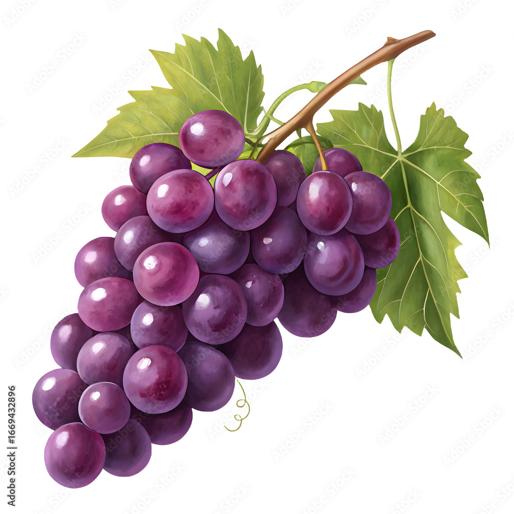Fototapeta premium Fresh ripe purple grapes on a vine with green leaves