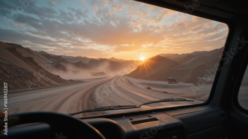 Truck Driving Through Desert at Sunset: Cinematic Journey Through Arid Landscape
