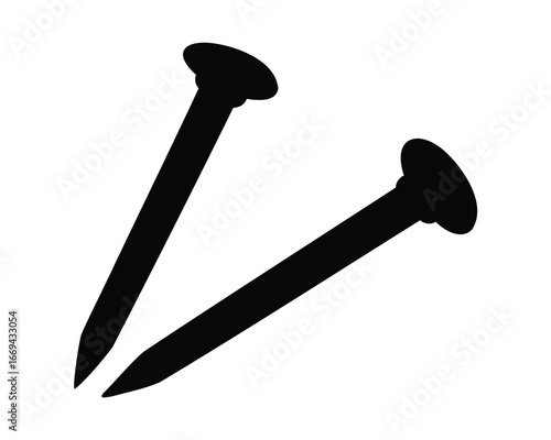 Two silhouetted nails lying diagonally against a white, blank backdrop surface