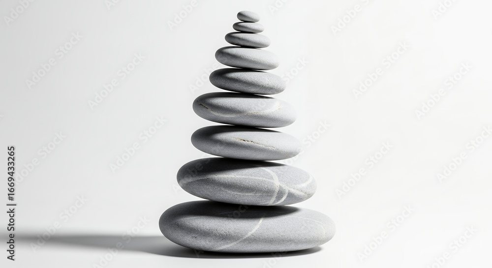 Fototapeta premium Balanced stack of smooth grey stones on white backdrop exhibiting subtle marble pattern, concept for zen tranquility, serene meditation and nature harmony
