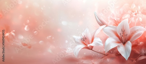 Delicate white lilies bloom amidst a soft, peach-hued, ethereal background.  Glowing particles surround the flowers, creating a dreamy, romantic atmosphere.