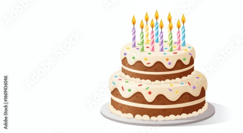 A beautifully decorated two-tier chocolate birthday cake with colorful sprinkles and ten lit candles, perfect for any festive celebration or special occasion