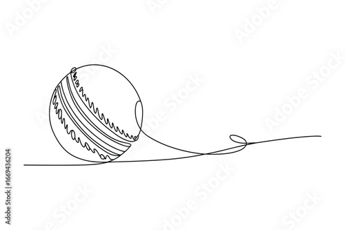Minimalist continuous line drawing of a ball of yarn with a trailing thread on a white background