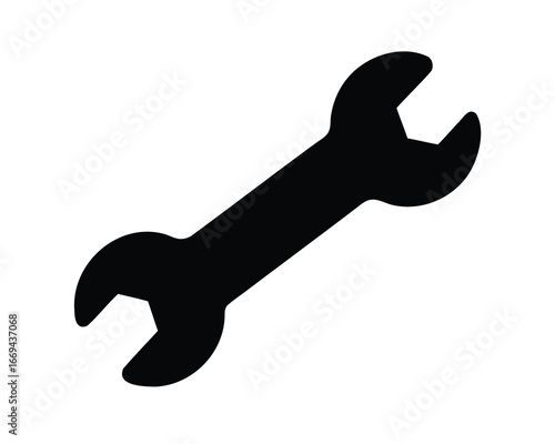 A simple black silhouette of a wrench tool isolated against a white backdrop