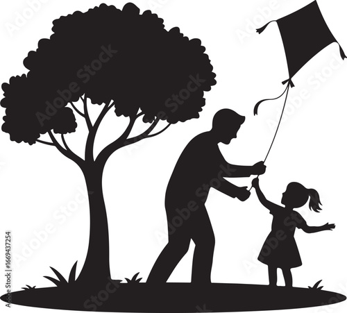 Father and Daughter Flying Kite Silhouette on Transparent Background