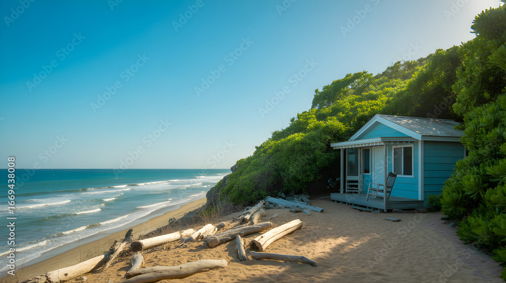 custom made wallpaper toronto digitalSmall blue beach cabin nestled on a lush green hillside overlooking the ocean