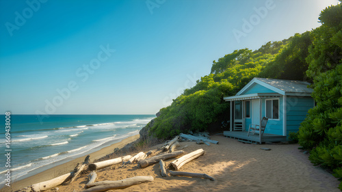 Wallpaper Mural Small blue beach cabin nestled on a lush green hillside overlooking the ocean Torontodigital.ca